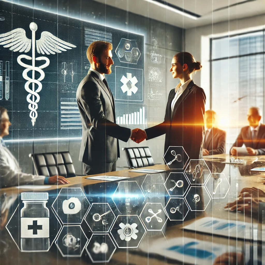 DALL·E 2025-01-30 07.25.28 - A professional collaboration scene between ITMP and Prestacab, featuring two business professionals shaking hands in an office setting with medical an